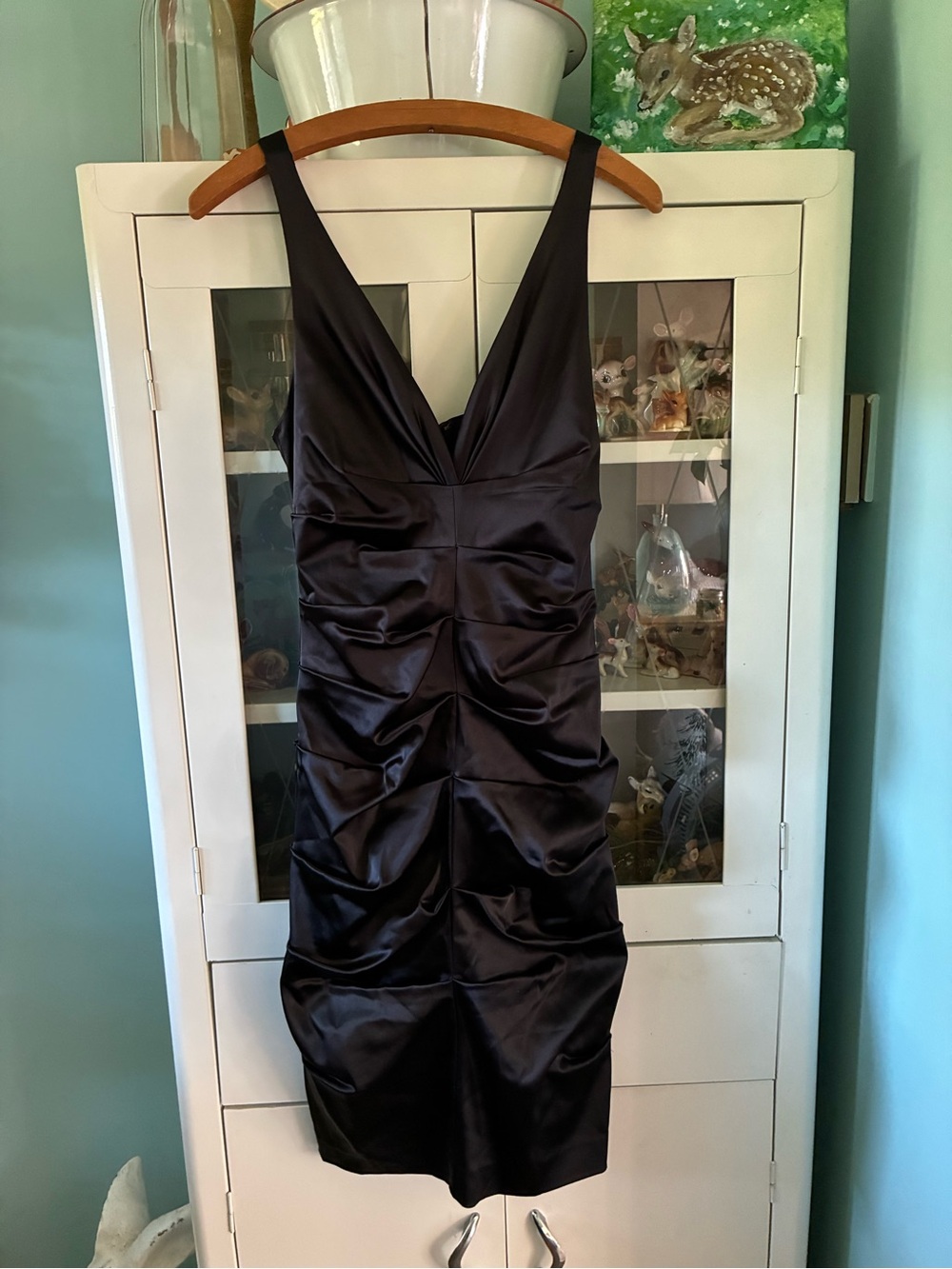 Nichole Miller sz 6 Black V-Neck Ruched Satin Cocktail Dress euc
